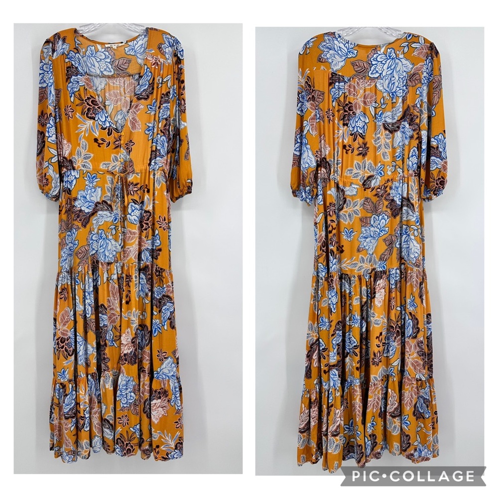 Anthropologie Abel the Label Mango Magic Tiered Maxi Dress Orange Blue Size M